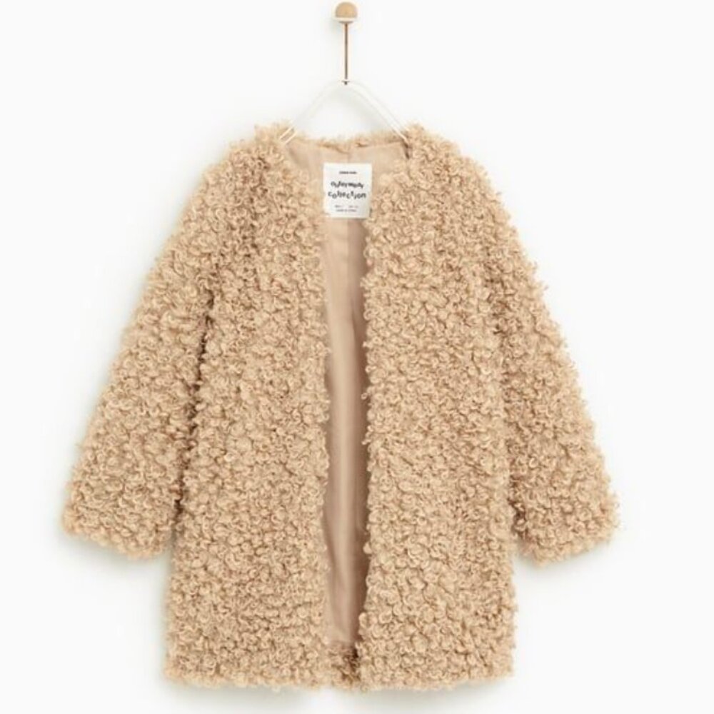 Zara Girls Sherpa Teddy Coat Camel Tan Furry Jacket Size 10 Minimalist Trend